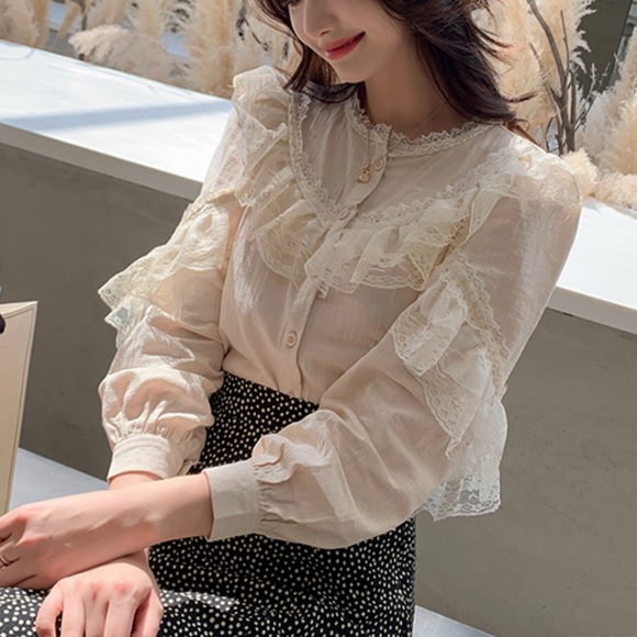 Lace blouse button shirt cream beige ruffle long sleeve  top womens - Picture 5 of 10